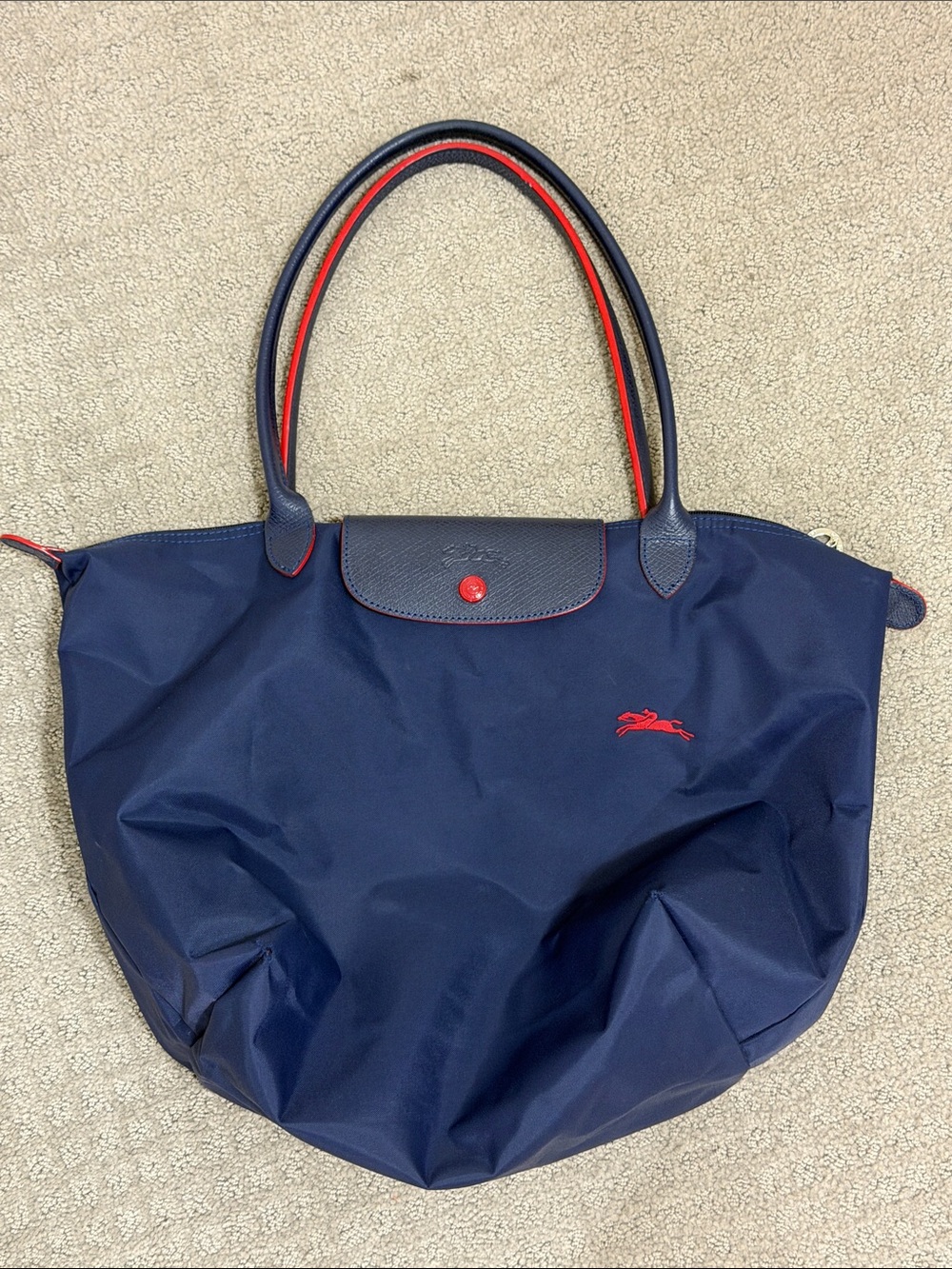 Longchamp Navy Tote with Red Trim and Logo used worn GREAT bag